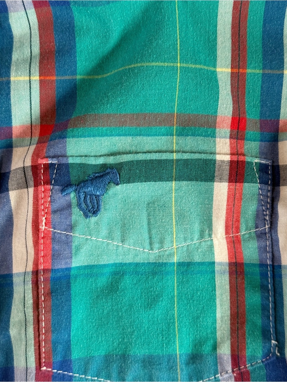 Wrangler Short-Sleeve Plaid Button-Down Shirt - Teal, Blue, White - Picture 3 of 4
